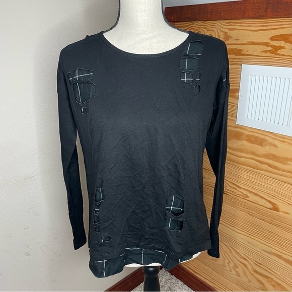 Generation Love Sweaters - Generation Love Black Ripped Cutout Plaid Wool Silk Blend Sweater Extra Small